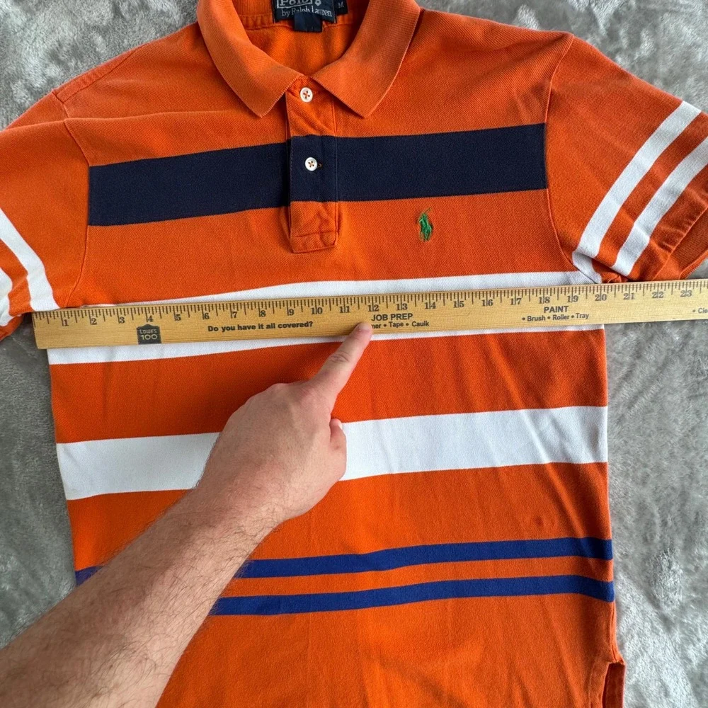 Polo Ralph Lauren Polo Shirt Mens M Orange Navy White Striped Preppy Pique Top